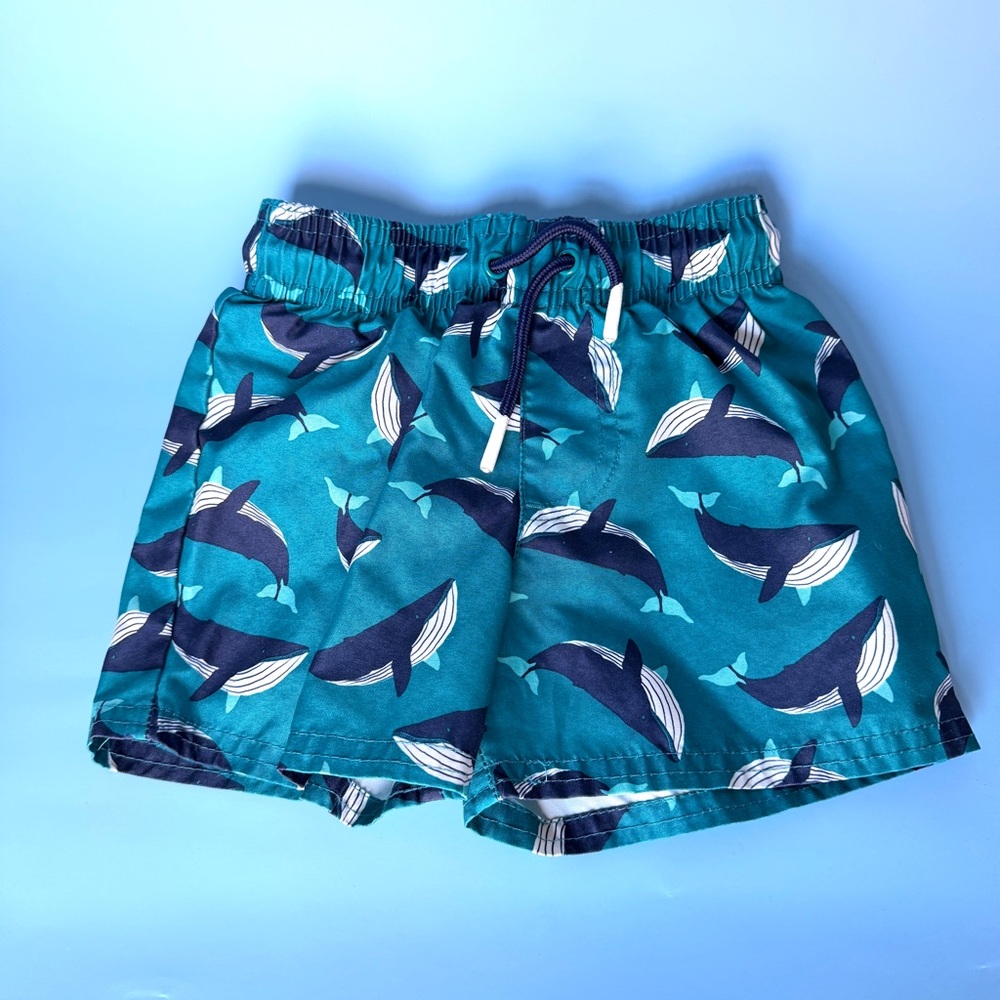Cat & Jack Teal Swim Shorts with Navy Whale Print